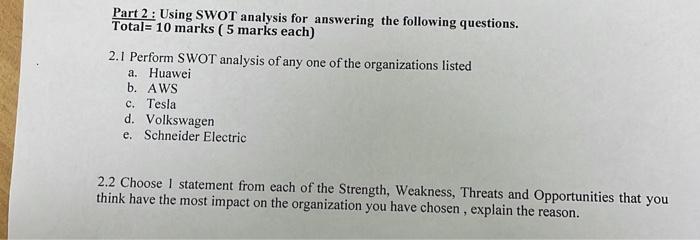 Part 2 : Using SWOT analysis for answering the