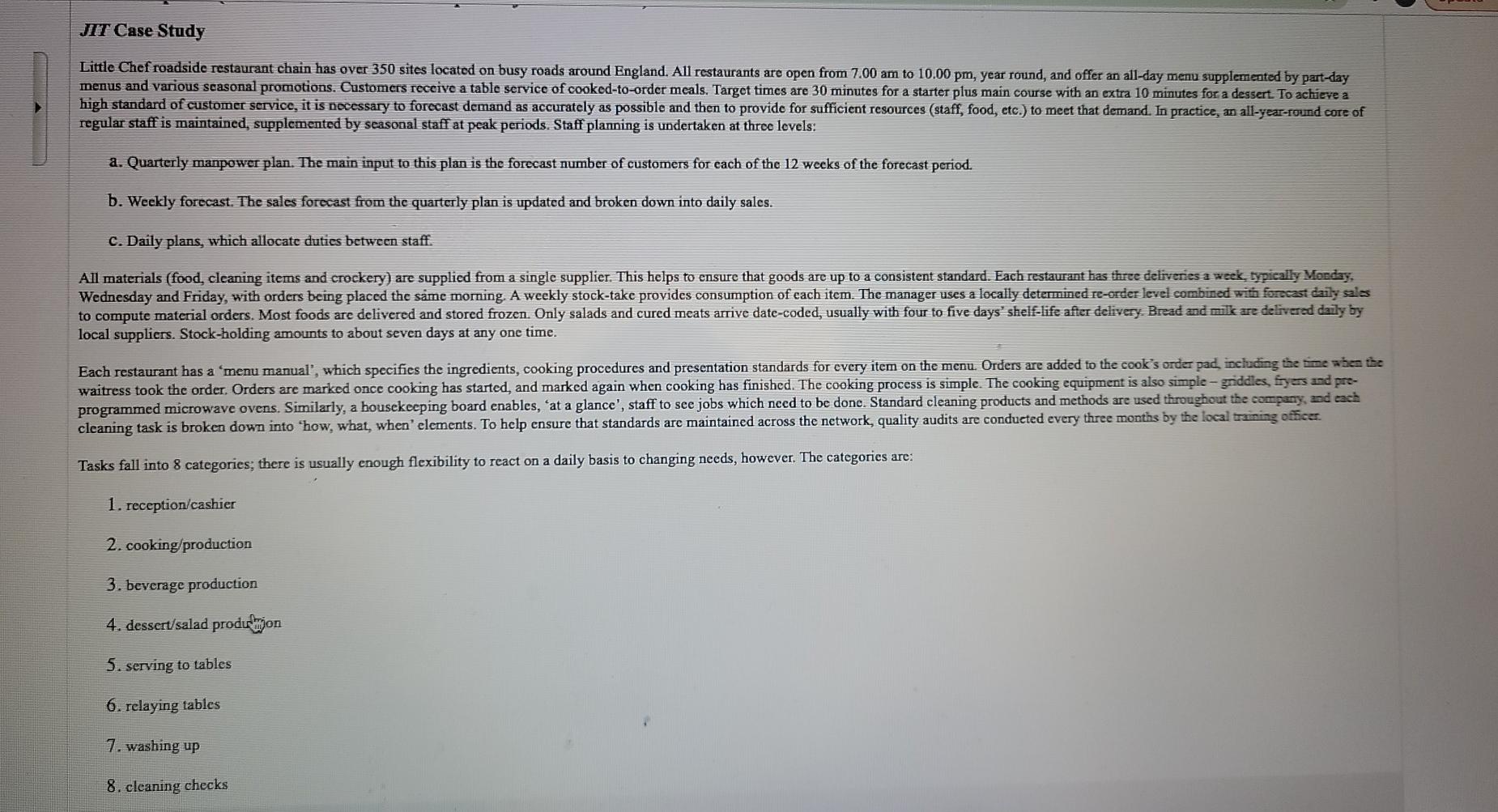 JIT Case Study Little Chef roadside restaurant