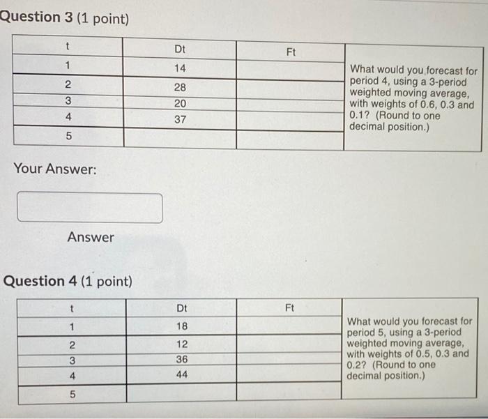 Question 3 (1 point) t Dt Ft 1 14 2 3 4 28 20 37