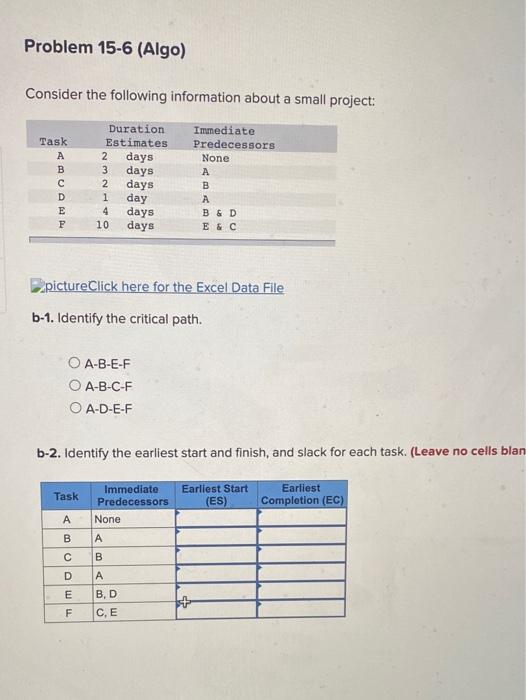 1 question 3 parts Problem 15-6 (Algo) Consider
