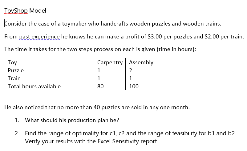 ToyShop Model Konsider the case of a toymaker who