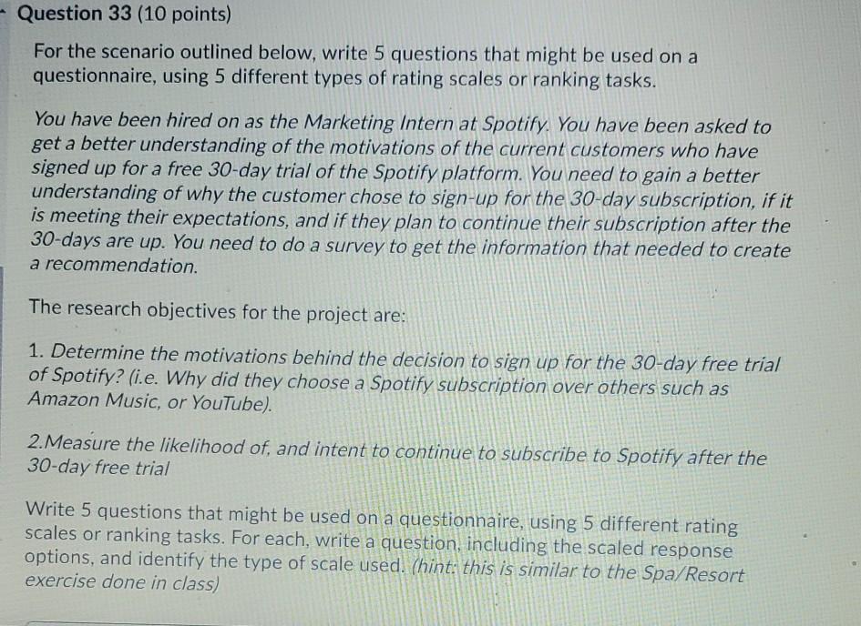Question 33 (10 points) For the scenario outlined