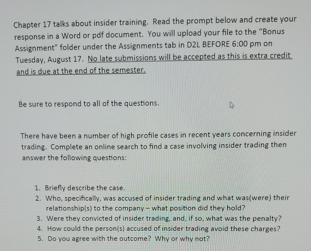 Chapter 17 talks about insider training. Read the