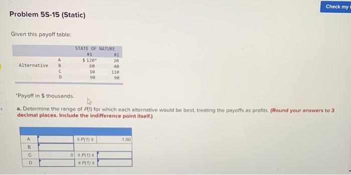 Check my Problem 5S-15 (Static) Given this payoff