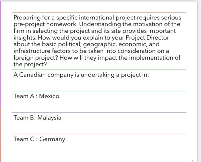 Preparing for a specific international project