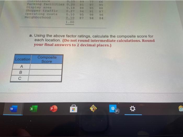 Location Score Factor (100 points each) Weight B