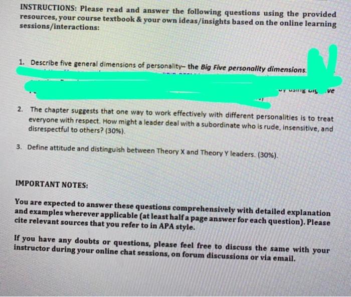 INSTRUCTIONS: Please read and answer the