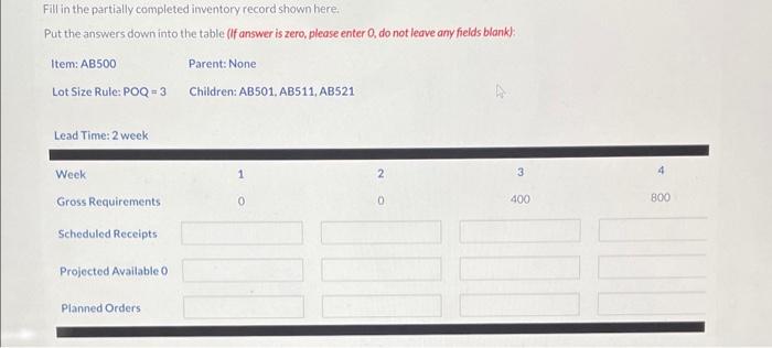Fill in the partially completed inventory record