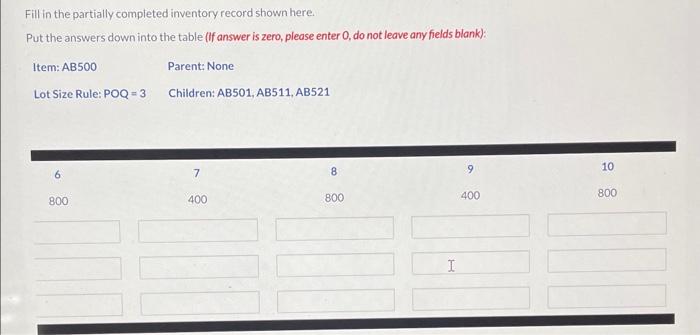 Fill in the partially completed inventory record