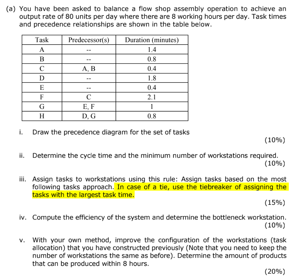 (a) You have been asked to balance a flow shop