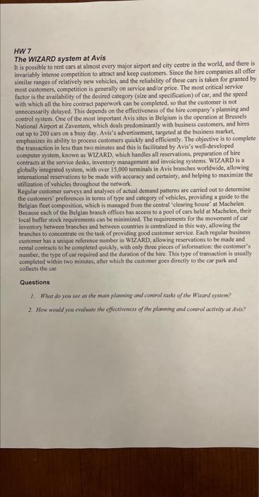 HW 7 The WIZARD system at Avis It is possable to