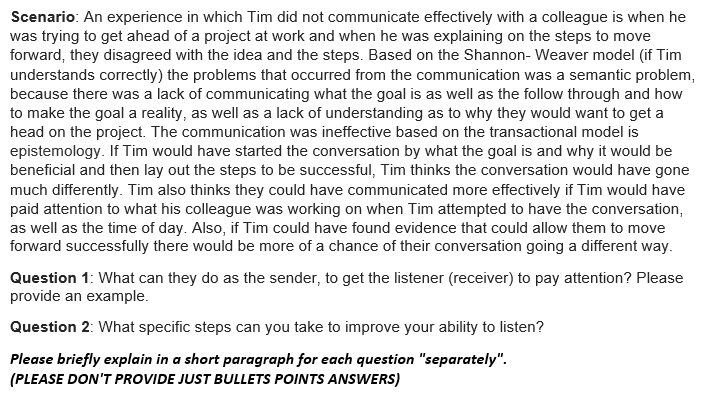 Scenario: An experience in which Tim did not