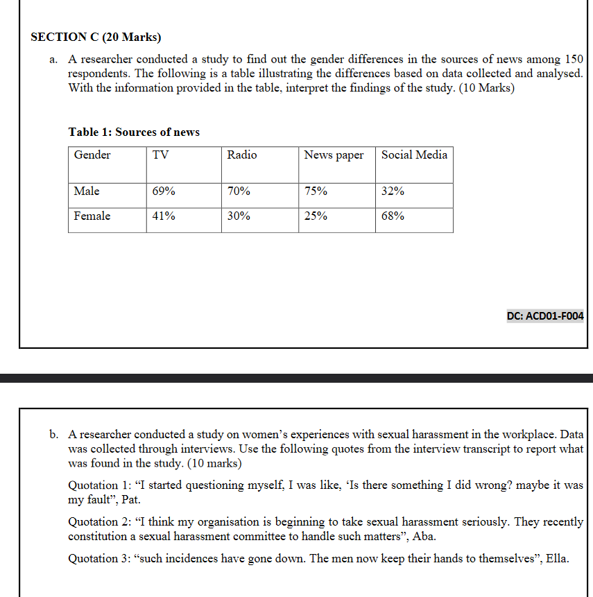 SECTION C (20 Marks) a. A researcher conducted a