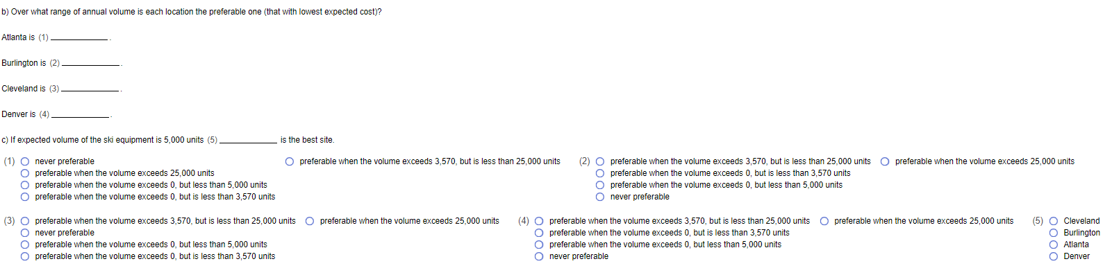 The fixed and variable costs for four potential
