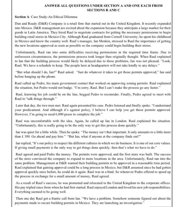 ANSWER ALL QUESTIONS UNDER SECTION A AND ONE EACH