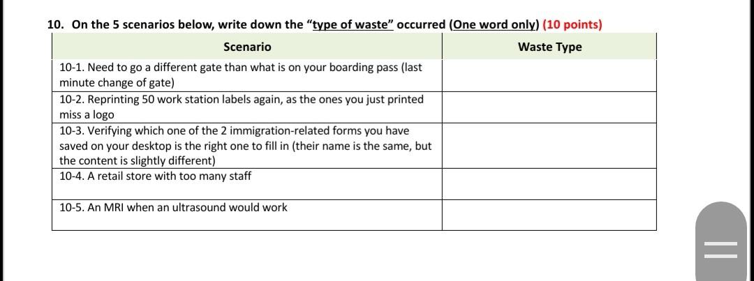 10. On the 5 scenarios below, write down the