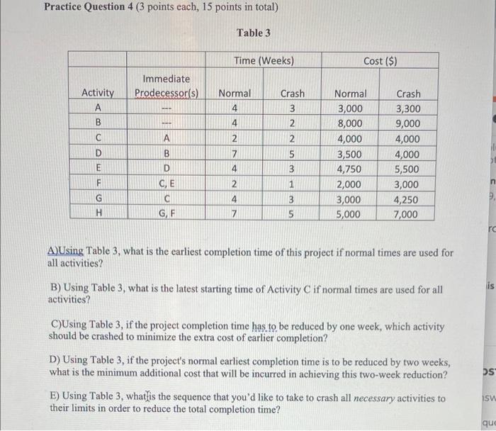 A Using Table 3, what is the earliest completion