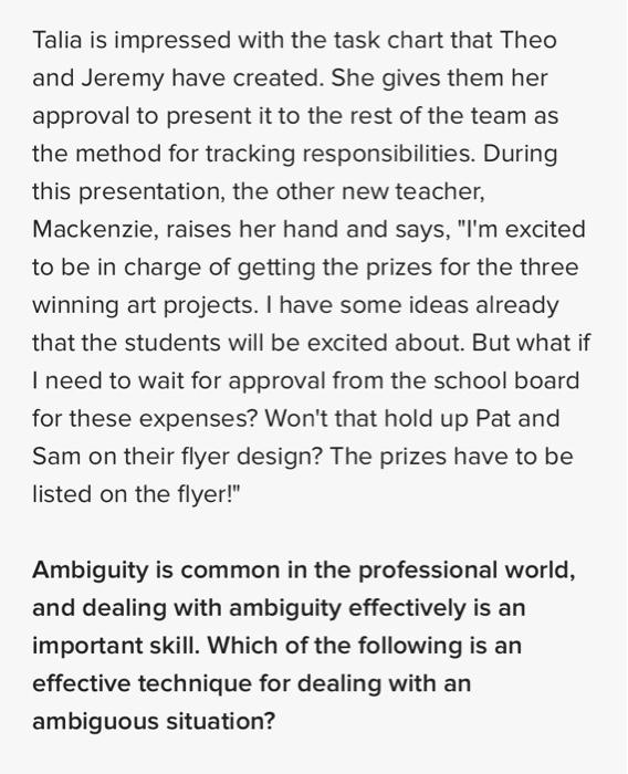 Talia is impressed with the task chart that Theo