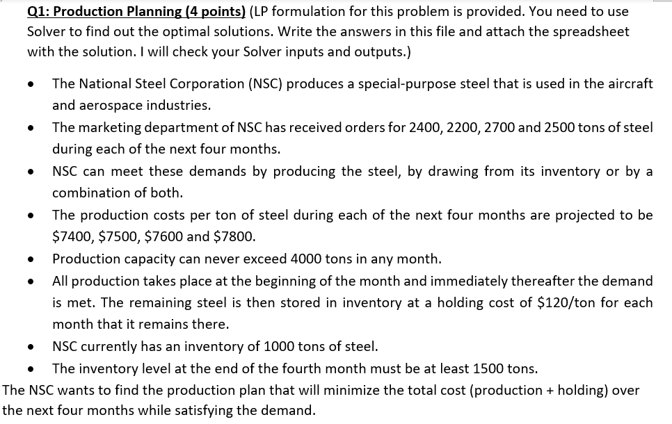 Q1: Production Planning (4 points) (LP