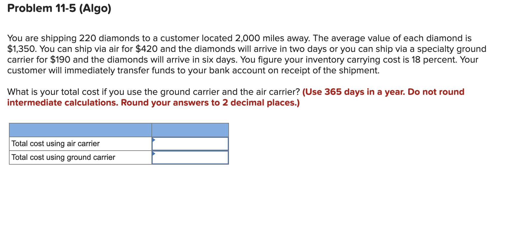 Problem 11-5 (Algo) You are shipping 220 diamonds