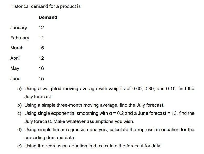 Historical demand for a product is a) Using a