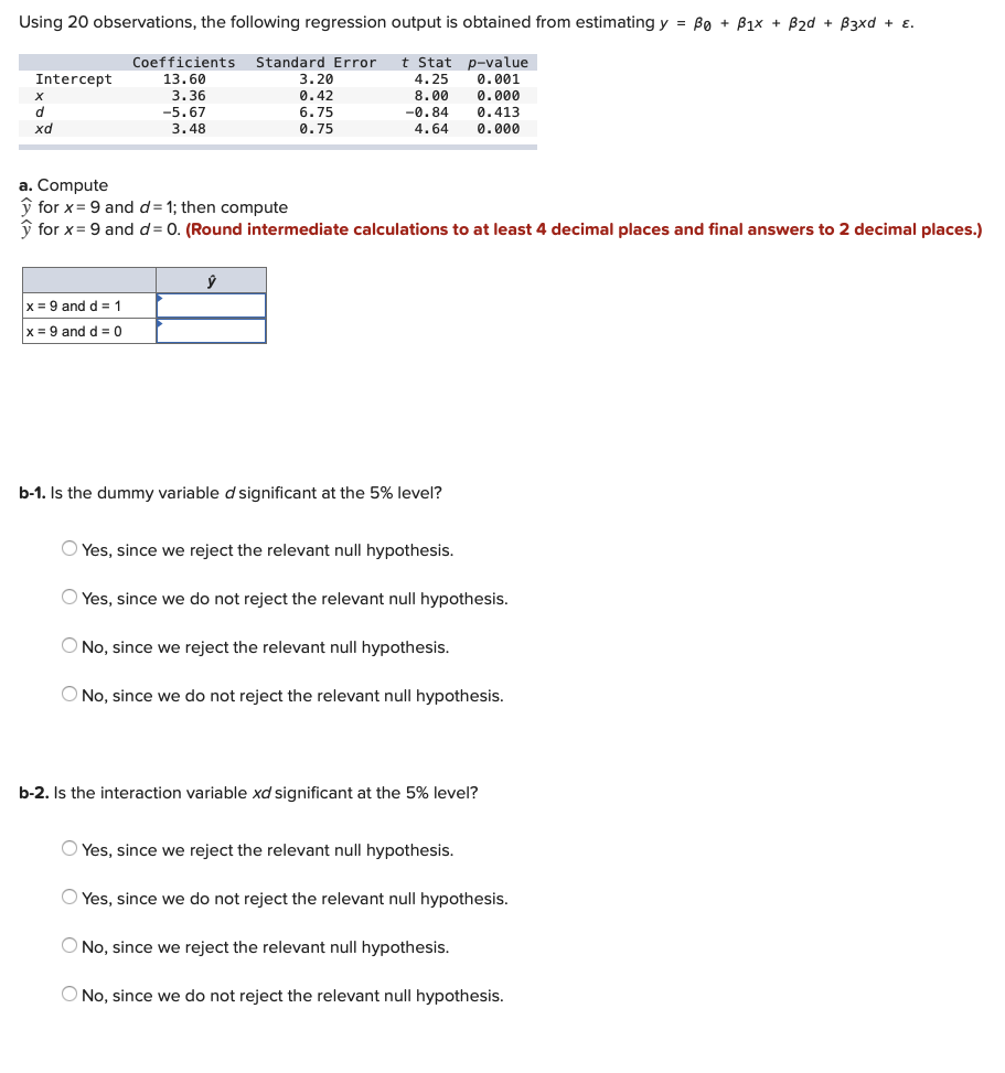 Using 20 observations, the following regression