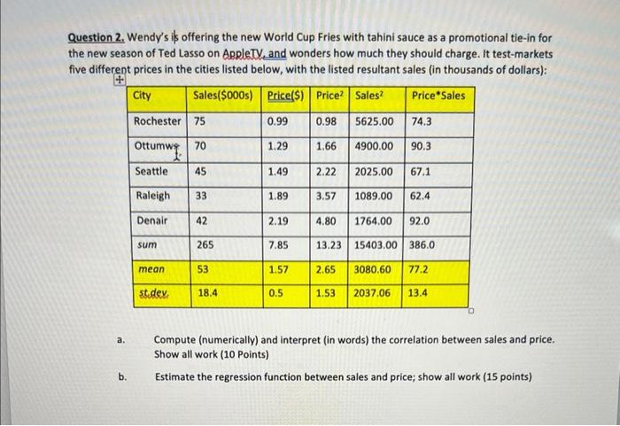 ANSWER ASAP AND SHOW WORK Question 2. Wendy's is