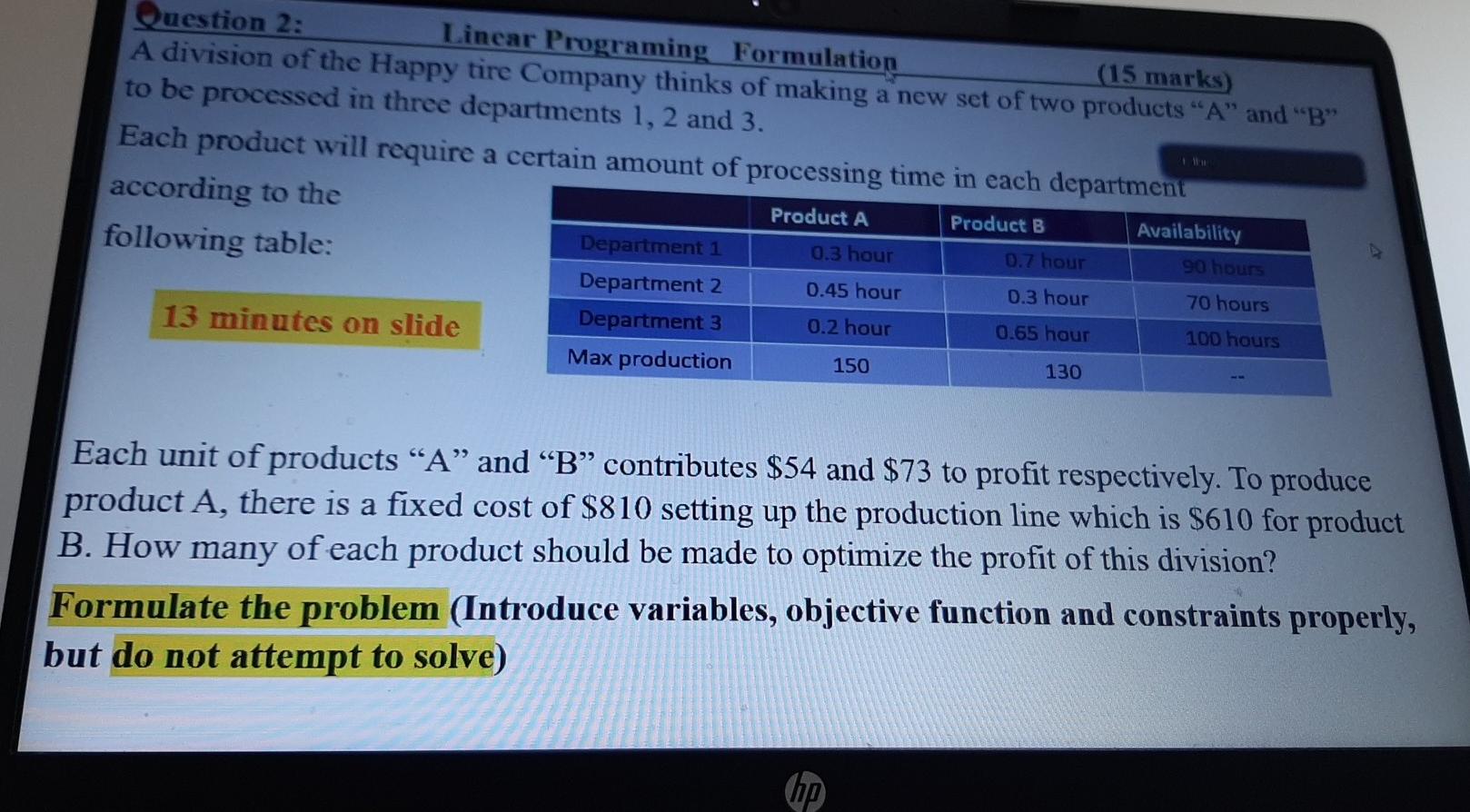 Question 2: Linear Programing Formulation (15
