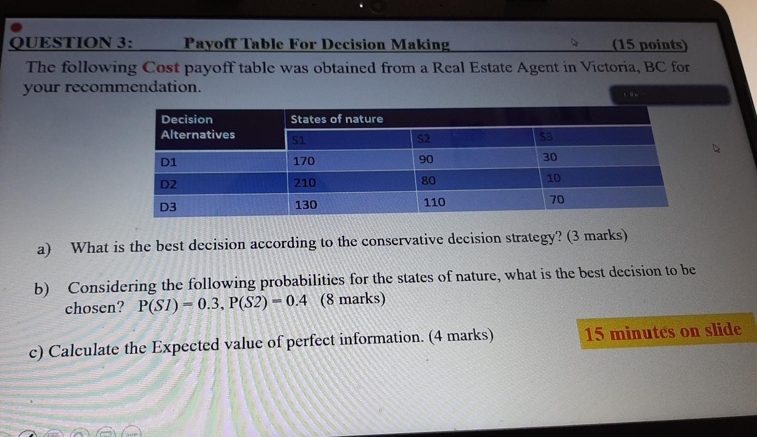 QUESTION 3: Payoff Table For Decision Making (15