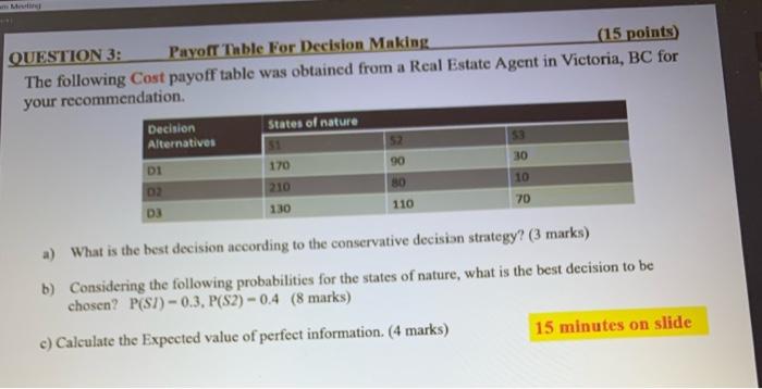detailed answer QUESTION 3: Payoff Table For