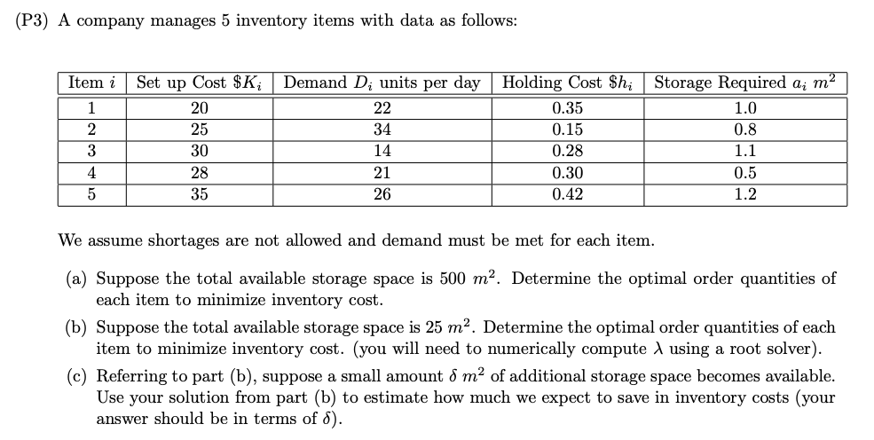(P3) A company manages 5 inventory items with