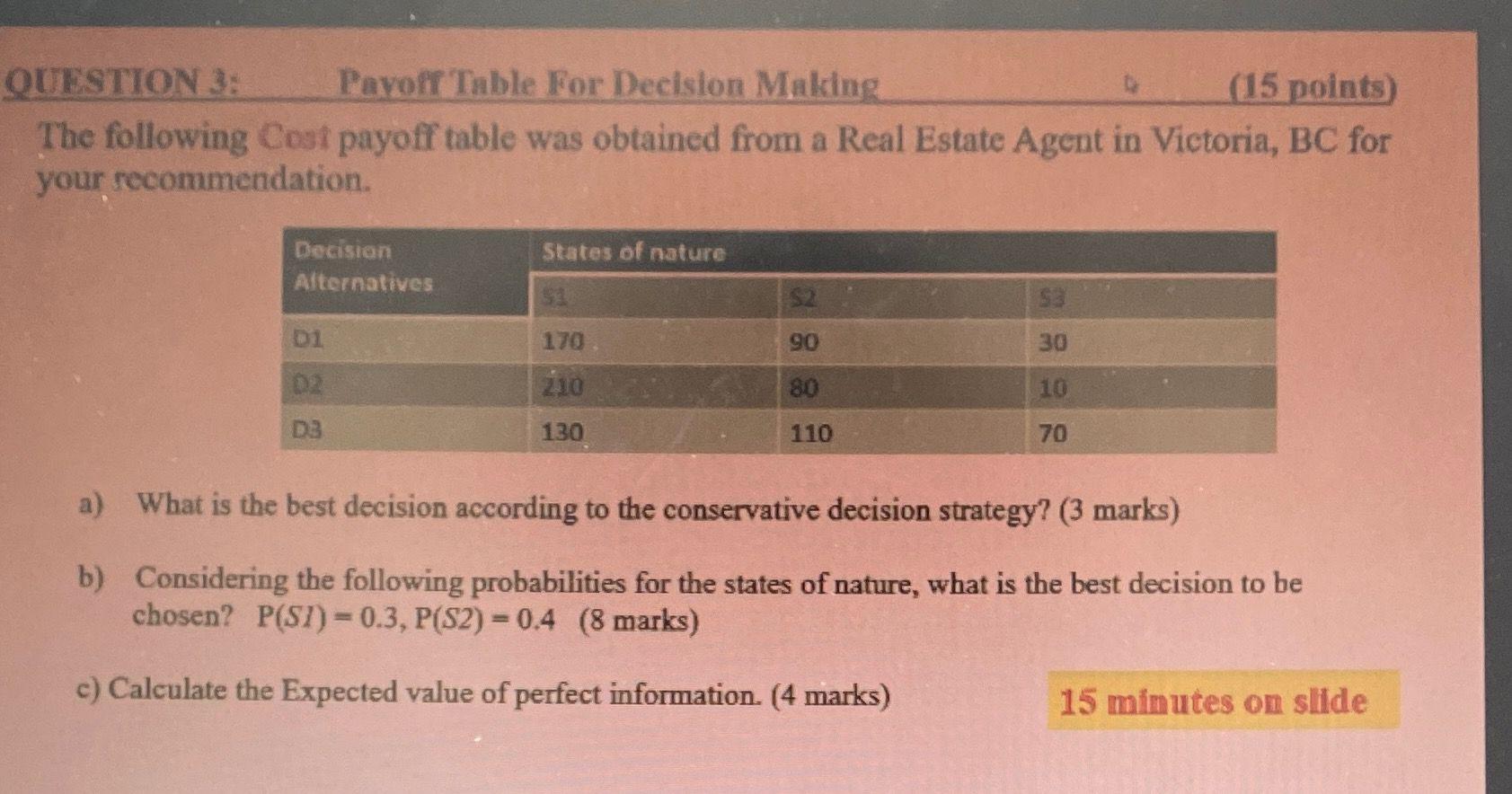 QUESTION 3: Payoff Table For Decision Making (15