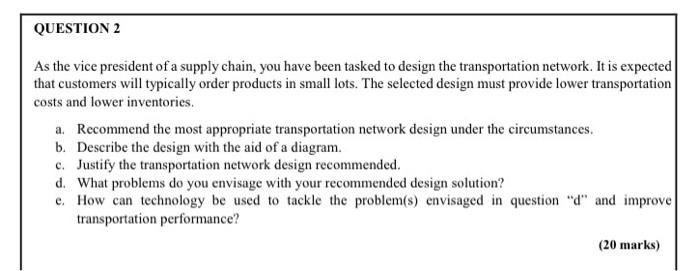 QUESTION 2 As the vice president of a supply