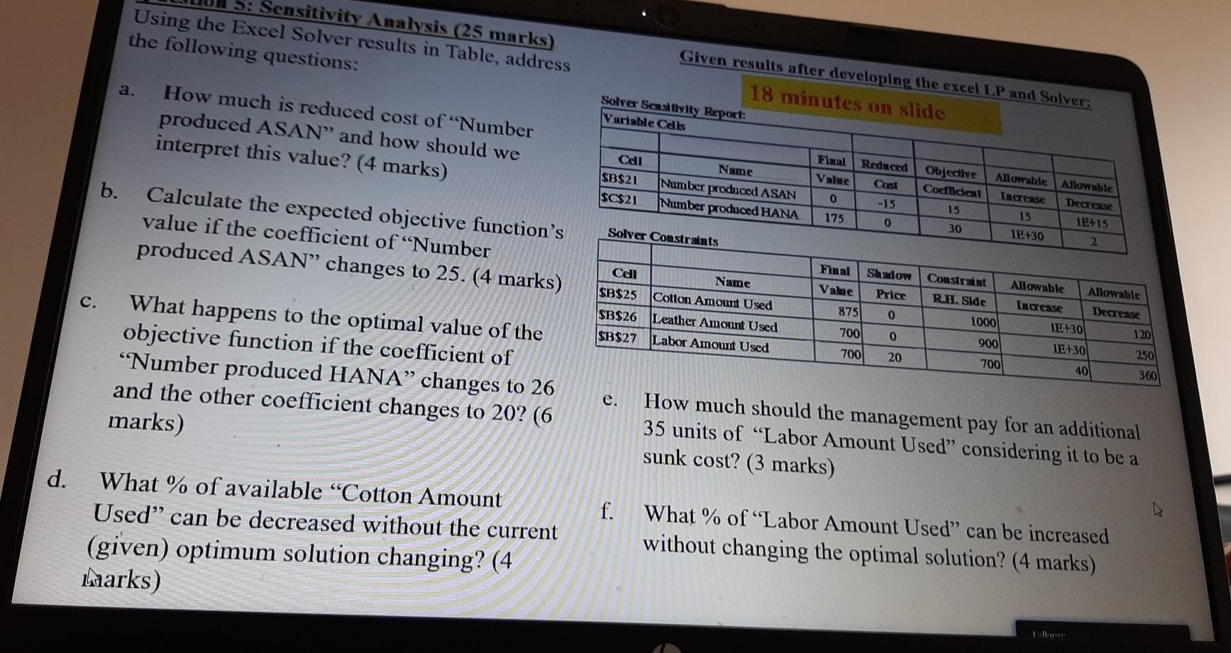 5: Sensitivity Analysis (25 marks) Using the