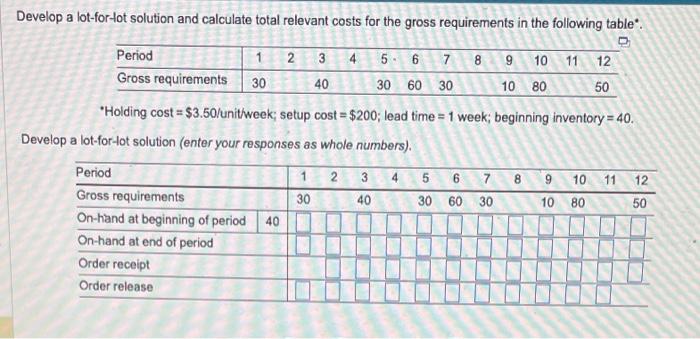 Develop a lot-for-tot solution and calculate