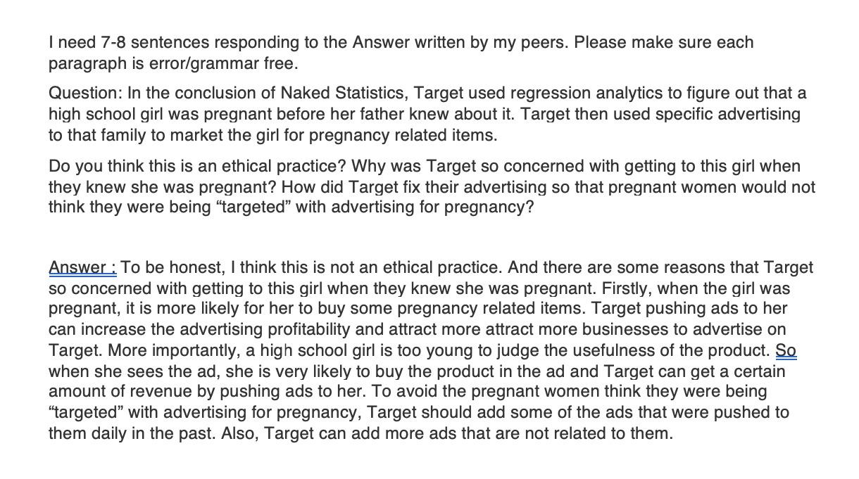 I need 7-8 sentences responding to the Answer