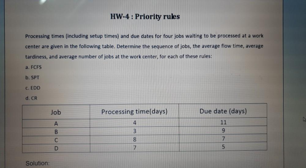 HW-4: Priority rules Processing times (including