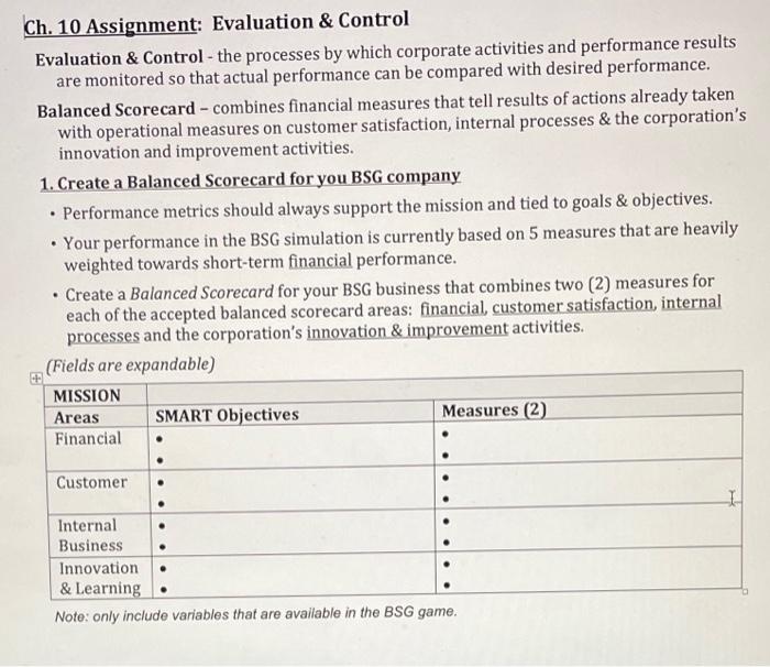 Ch. 10 Assignment: Evaluation \& Control