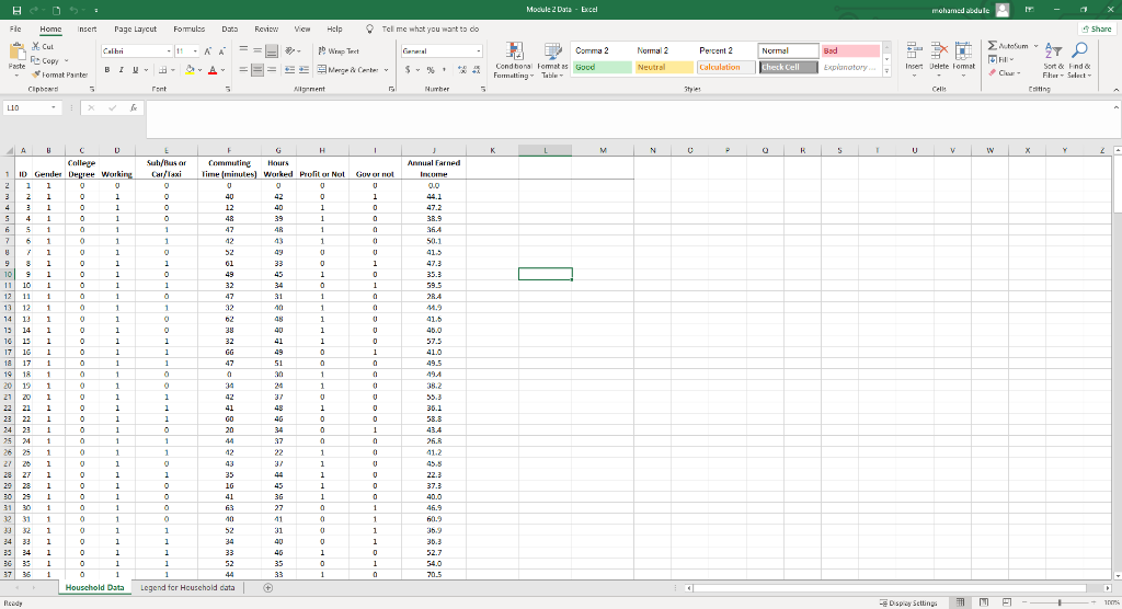Using the Households Data, perform a correlation