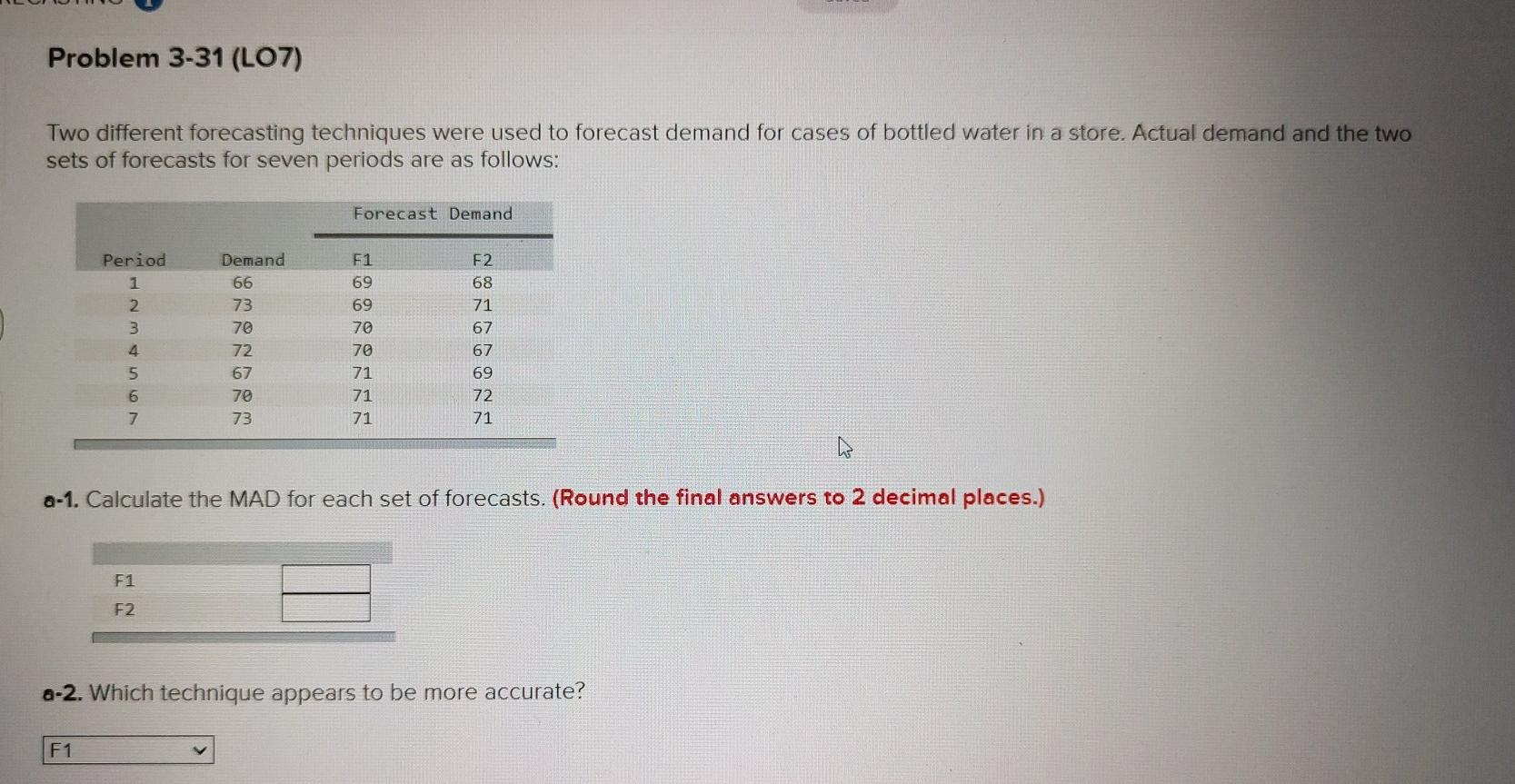 Problem 3-31 (LO7) Two different forecasting