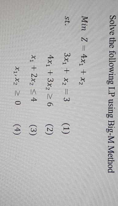 Solve the following LP using Big-M Method Min Z =