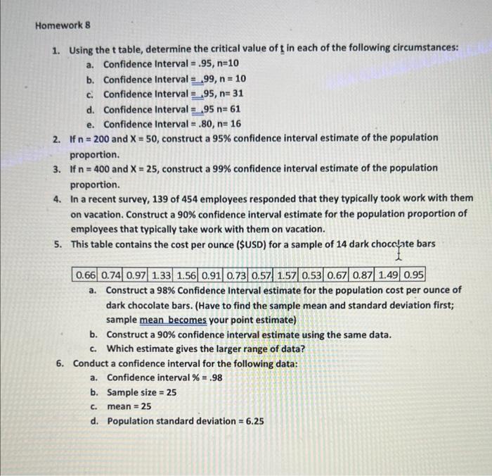 1. Using the t table, determine the critical
