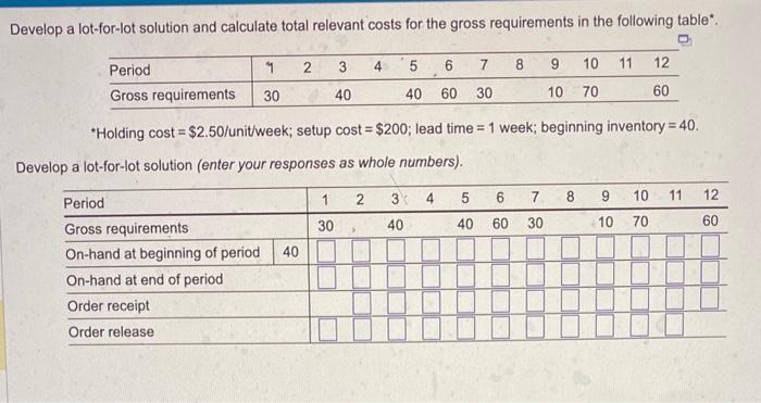 Develop a lot-for-lot solution and calculate