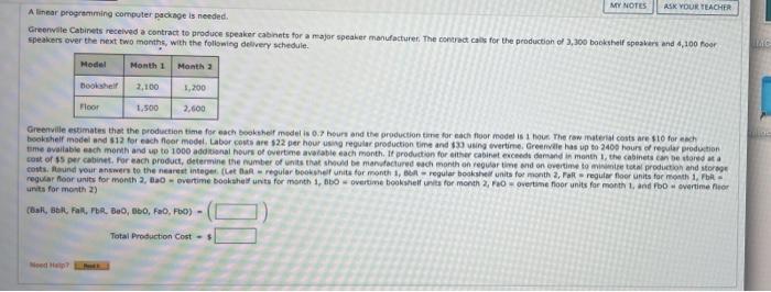 MY NOTES ASK YOUR TEACHER A linear programming