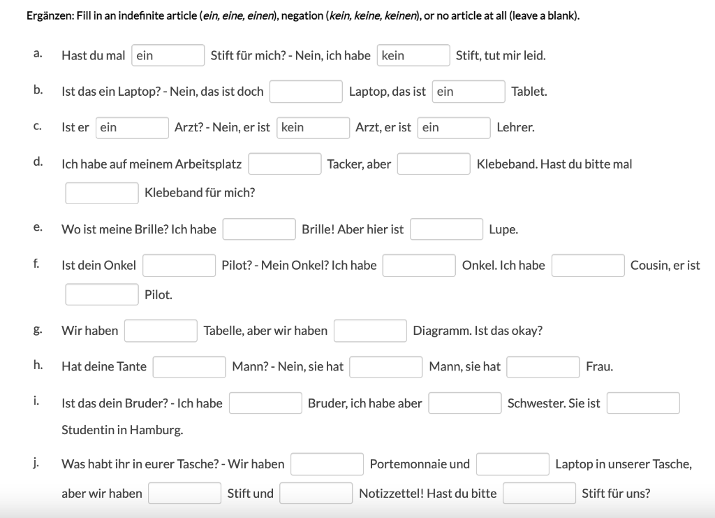 Ergnzen: Fill in an indefinite article (ein,
