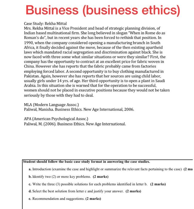 Business (business ethics) Case Study: Rekha