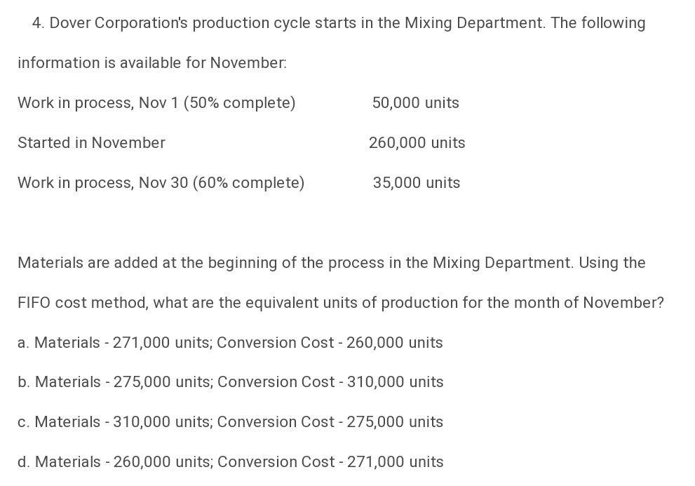 4. Dover Corporation's production cycle starts in