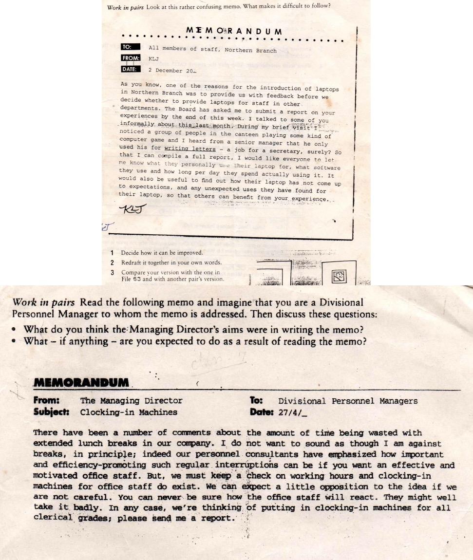 Rewrite the two given memorandums correctly and