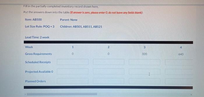Please fill in the inventory table shown below
