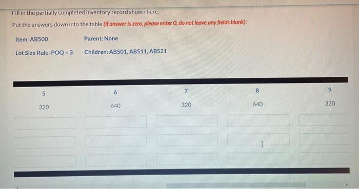 Please fill in the inventory table shown below